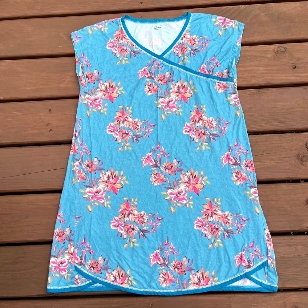 Garnet Hill Nightgown Asian Wrap Pajamas Blue Floral 100% Organic Cotton Large